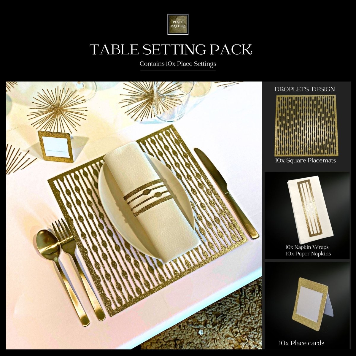 Gold Table Setting Pack – Droplets Design (Square Placemats) - Place Matters