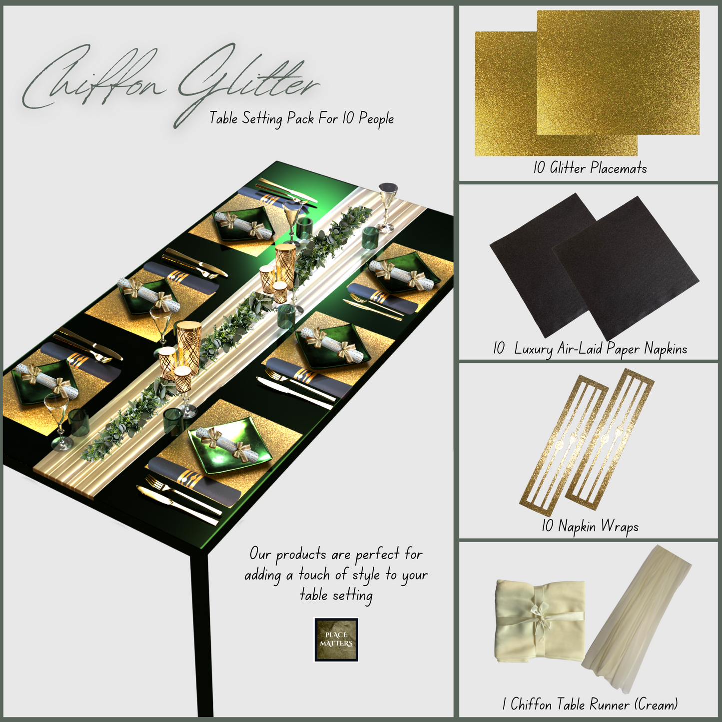Gold Table Setting Pack Gold (Chiffon Glitter Design Gold Rectangle)Includes Table Runner