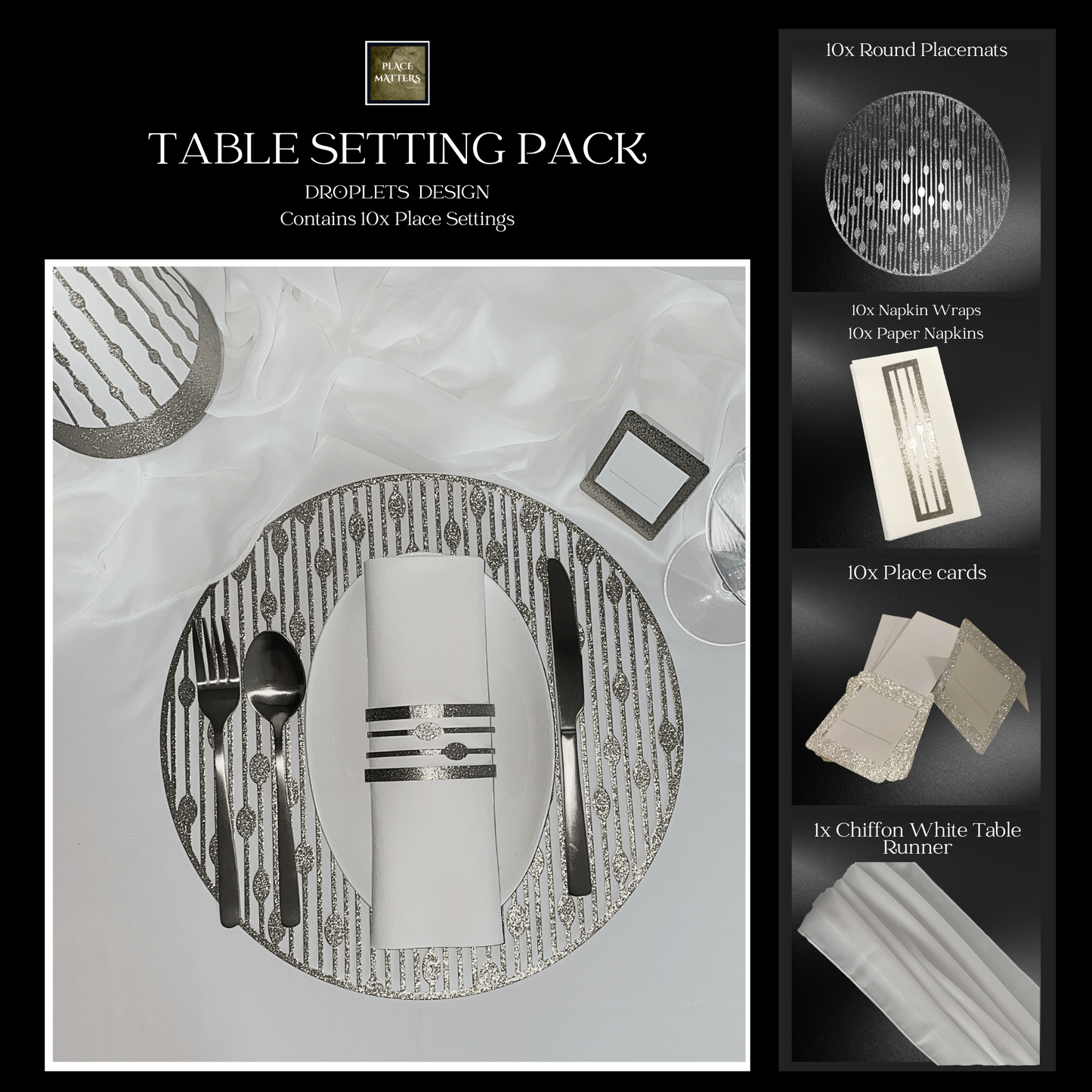 Table Setting Pack (Droplets Round) Includes Table Runner - Place Matters