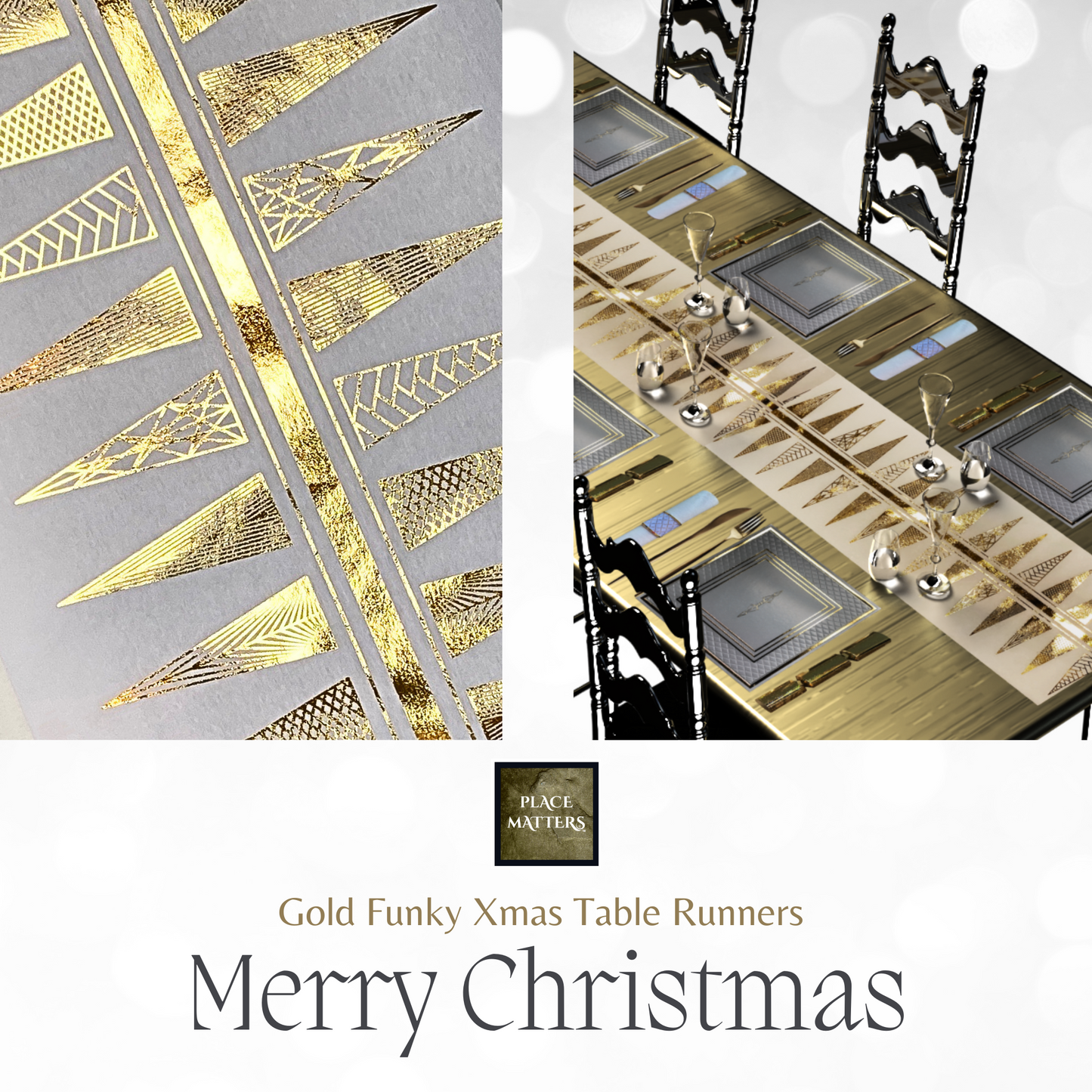 Christmas Table Runners (Gold Funky Xmas Tree Design) - Place Matters