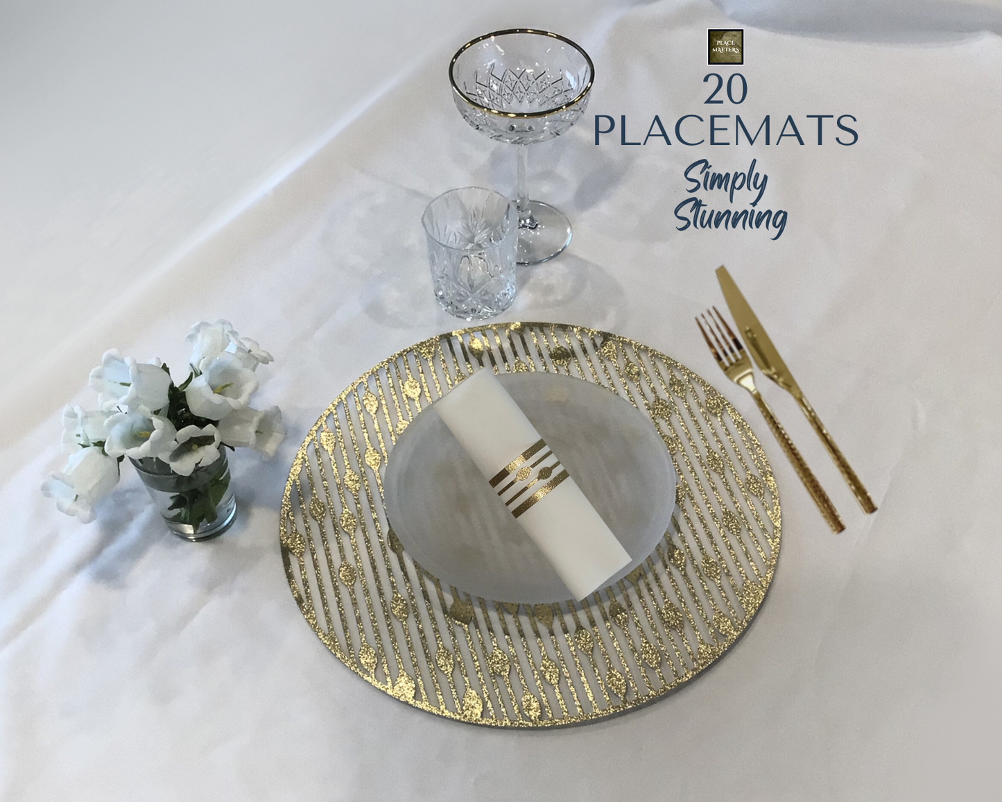 Gold Wedding Placemats.Bulk Pack.Round Shape.(Droplets Design)