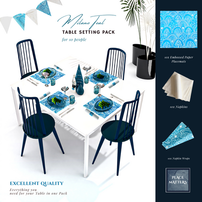 Blue Table Setting Pack for 10 People (Milano Teal Square) - Place Matters