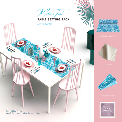 Blue Table Setting Pack for 10 People (Milano Teal Table Runner) - Place Matters